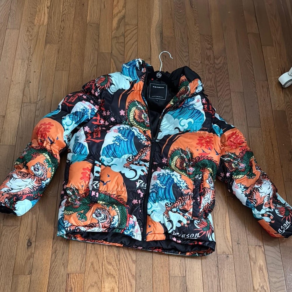 Reason Orange and Blue Puffer Jacket Hoodie